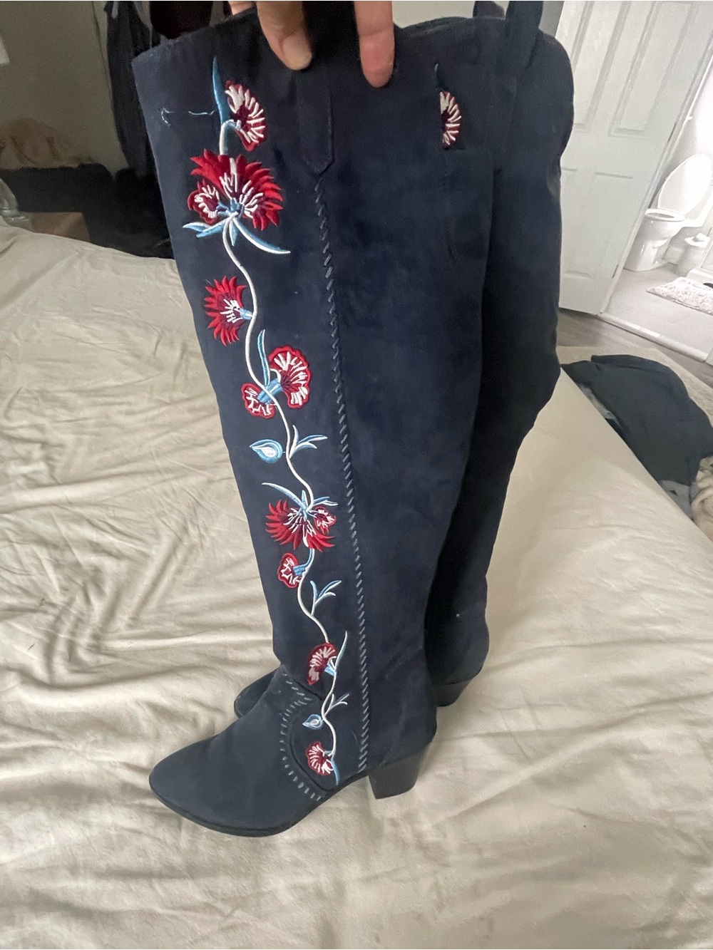 Navy Suede Knee-High Boots with Red Floral Embroidery